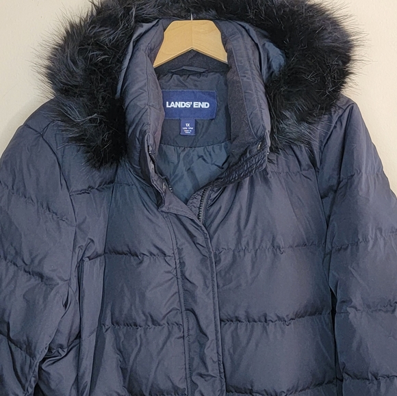 Lands' End | Black Down Winter Puffer Coat with Faux Fur Removable Hood - Picture 3 of 8